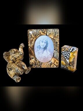 VTG La Vie Ceramic Safari Patchwork Collection Elephant Frame Candle Animal